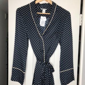 Blue Silk Patterned Button Down Blouse with Tie